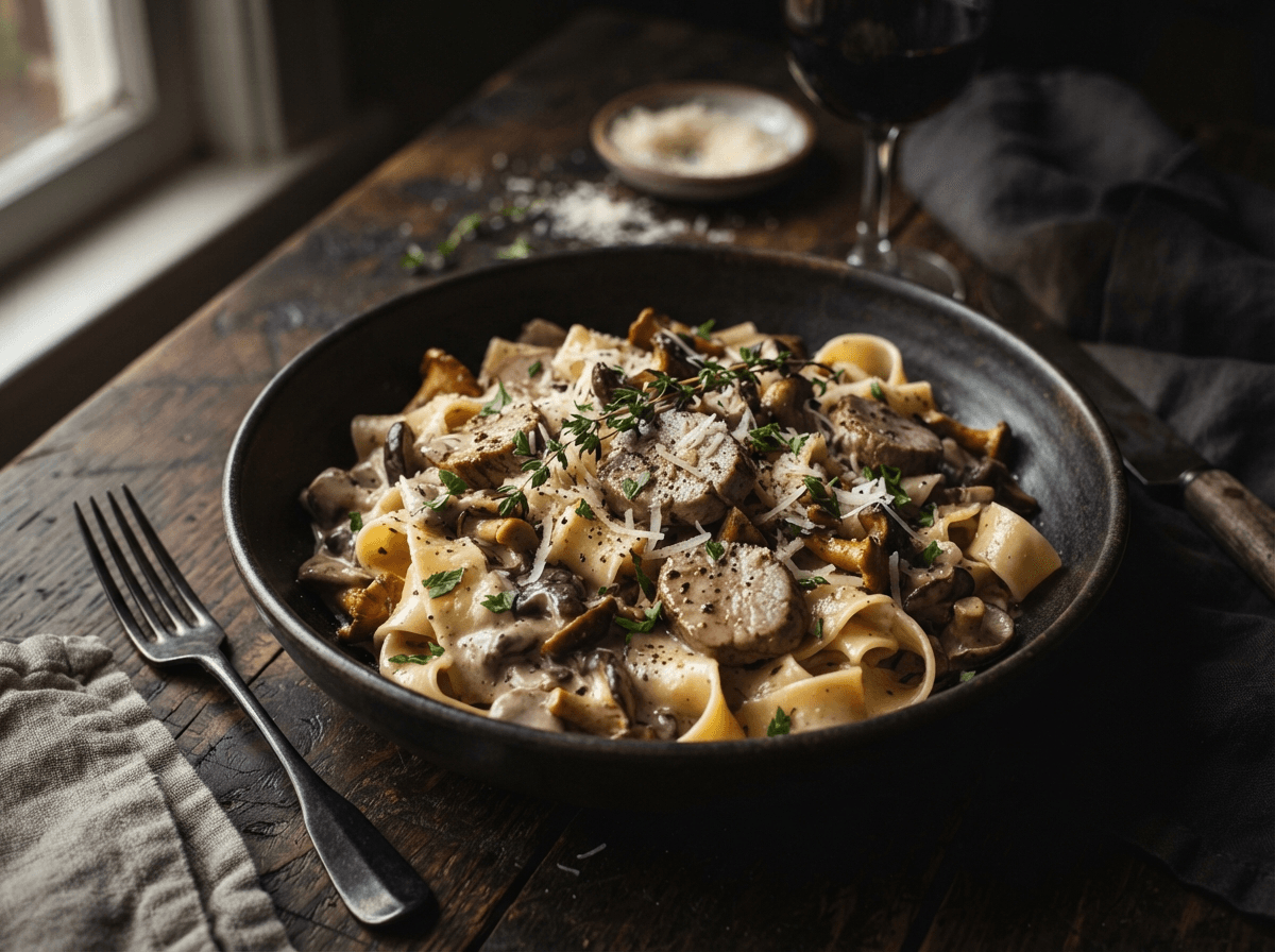 Fläskfilépasta med svamp