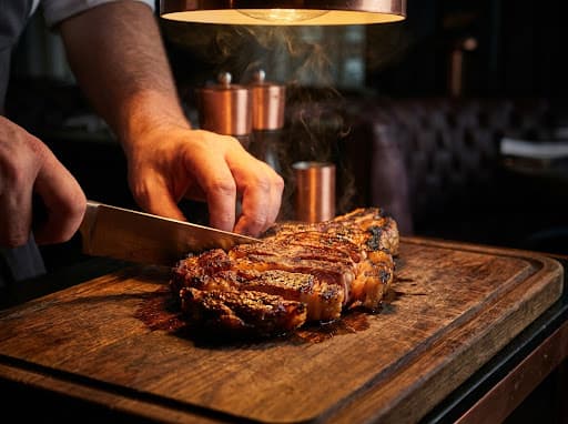 Kock grillar svenskt nötkött över öppen kolgrill på Ember & Iron